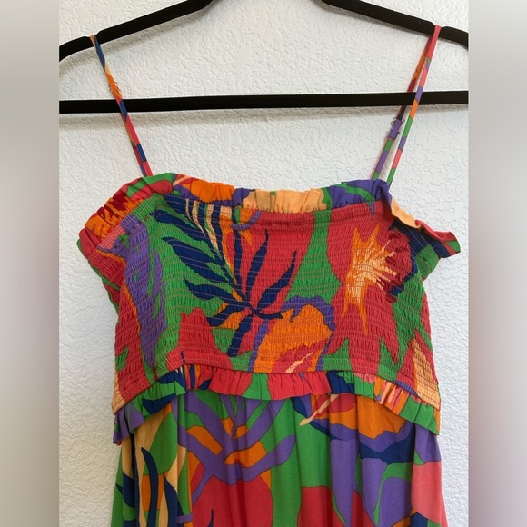 H&M Floral Purple Yellow Orange Print Maxi Tiered Dress Smocked Top Tropical - Picture 5 of 11